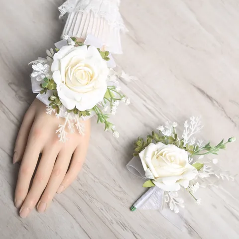 Artificial Rose Flower Wedding Boutonniere And Wrist Corsage Set Bridesmaid Groom Party Celebration Decor