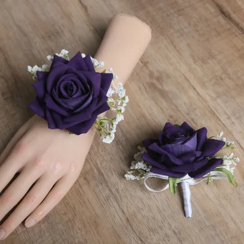 Fleur Artificielle Violette Rose Corsage de Mariage Fleur de Poignet Soie Boutonnière Florale Décoration de Fête
