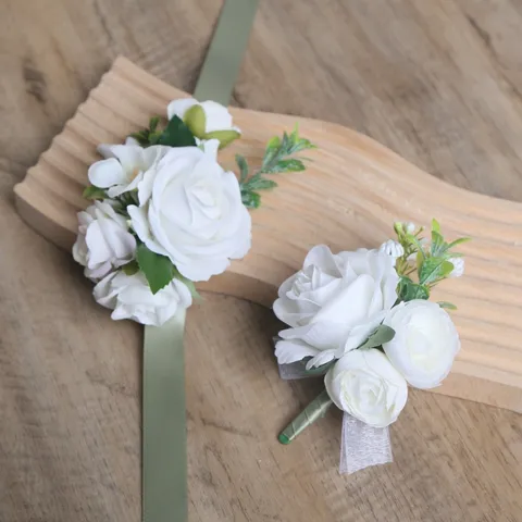 Mariage Artificiel Rose Blanche Boutonnière Fleur De Poignet Ensemble Style Forêt Mariée Marié Corsage Floral Décoration De Fête