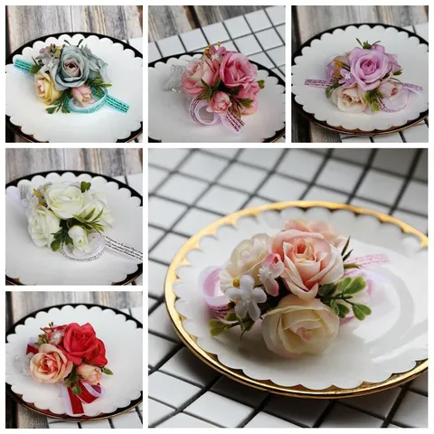 Wedding Rose Corsage And Wrist Flower Artificial Silk Rose Flower With Ribbon For Bridesmaids Wedding Party Prom Decoration