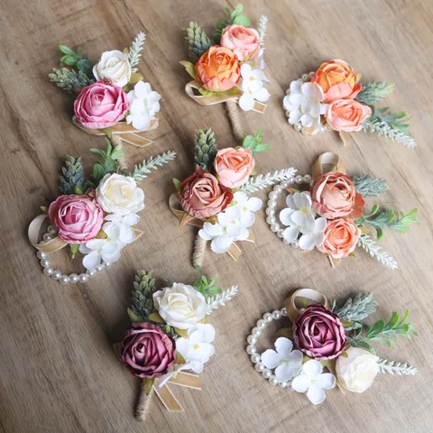 Handmade Artificial Rolled Rose Corsage And Wrist Flower Set European Style Wedding Bride Boutonniere Party Dress Decor Jewelry Accessories