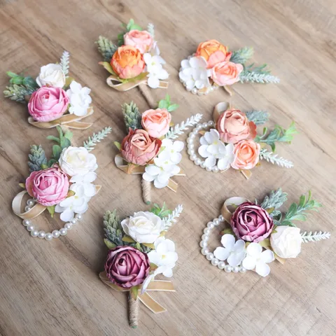 Handmade Artificial Rolled Rose Corsage And Wrist Flower Set European Style Wedding Bride Boutonniere Party Dress Decor Jewelry Accessories