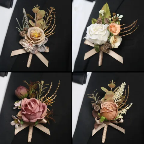 Koreaanse Stijl Kunstzijde Roos Camellia Knop Bruiloft Corsage Polsbloem Bruidegom Getuige Bloemdecoratie