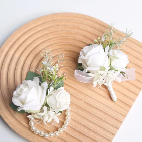 Bianco Rosa Boutonniere Corsage Matrimonio Sposo Testimoni Fiore di Seta Artificiale Corsage da Polso Matrimonio Festa Decorazione