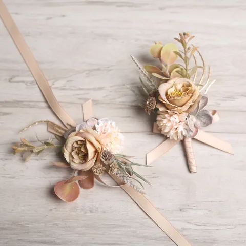 Koreaanse Stijl Kunstzijde Roos Camellia Knop Bruiloft Corsage Polsbloem Bruidegom Getuige Bloemdecoratie
