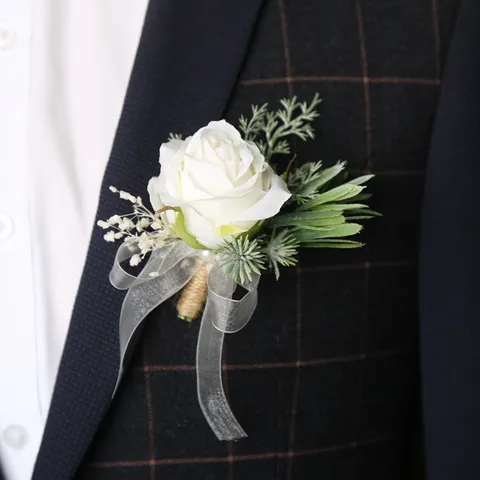 Wedding Boutonniere And Wrist Flower Set Artificial White Rose Baby's Breath Groom Groomsmen Corsage Wedding Party Decor