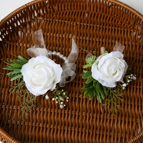 Wedding Boutonniere And Wrist Flower Set Artificial White Rose Baby's Breath Groom Groomsmen Corsage Wedding Party Decor