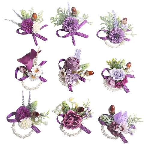 Purple Artificial Flower Boutonniere Wrist Corsage Set Handmade Wedding Party Suit Dress Lapel Pin Decoration