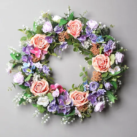 Corona de Rosas y Hortensias Rosa Púrpura Flor de Seda Guirlanda Floral Para Boda Hogar Puerta Pared Colgante Decoración
