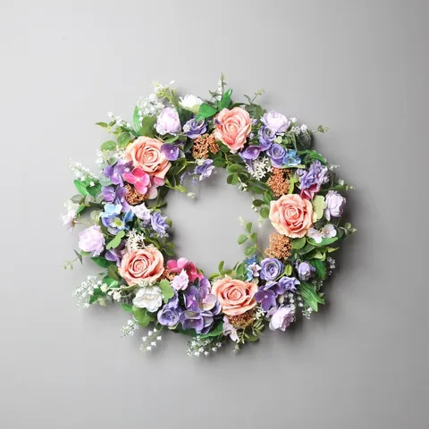 Corona de Rosas y Hortensias Rosa Púrpura Flor de Seda Guirlanda Floral Para Boda Hogar Puerta Pared Colgante Decoración