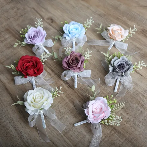 Artificial Rose Flower Corsage And Wrist Flower Set Simulation Pearl Wedding Prom Party Decor Floral Accessories