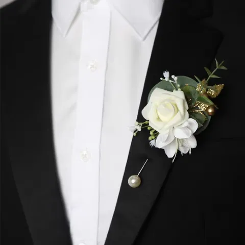 Boutonnière de Flor de Seda Estilo Bosque Rosa Artificial Alfiler de Solapa Decoración de Traje de Boda