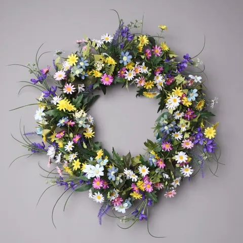 Spring Artificial Silk Flower Wreath Colorful Wildflower Daisy Garland For Front Door Wall Hanging Home Decor