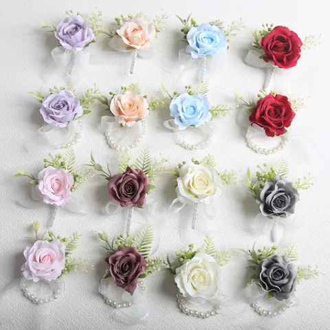 Artificial Rose Flower Corsage And Wrist Flower Set Simulation Pearl Wedding Prom Party Decor Floral Accessories