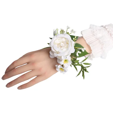 Blanc Mariage Fleur de Poignet Corsage Rose Artificielle Fleur de Soie Mariée Demoiselle d'Honneur Boutonnière Fête