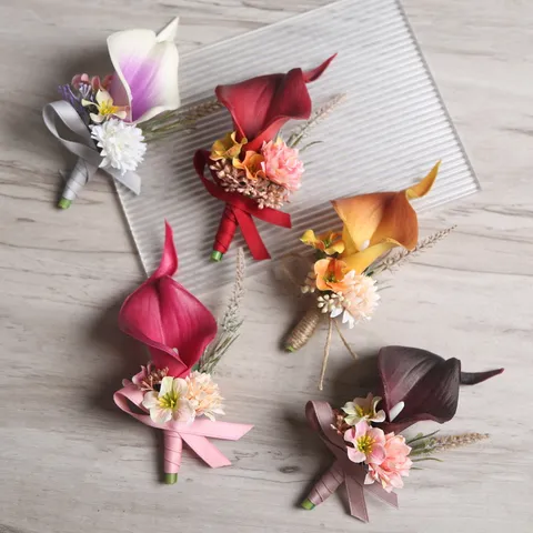 Handmade Calla Lily Boutonniere Wedding Groom Groomsmen Corsage Wedding Party Suit Flower Decoration Artificial Flower