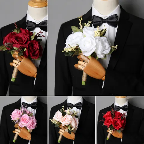 Western European Minimalist Artificial Silk Rose Flower Bouquet Bridal Hand Held Bouquet For Wedding Photography Home Decor