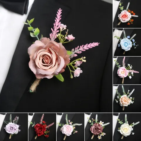 Europeo Romantico Rosa Boutonniere E Corsetto Da Polso Fiore Di Seta Artificiale Festa Di Matrimonio Sposo Accessori Da Abito