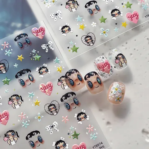 Cartoon Big Eye Doll Nail Art Stickers 3D Embossed Bowknot Floral Manga Girl Adhesive Nail Decals Cute DIY Manicure Decal