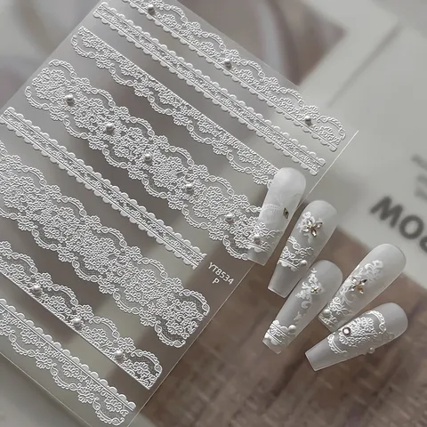White Lace Nail Art Stickers French Gentle Style Ultra-Thin Embossed Shell Pearl Ribbon Nail Decals