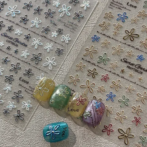 Minimalist 3D Floral Nail Art Stickers Hollow Flower Nail Decals Silver Gold Laser Embossed Manicure Accessories