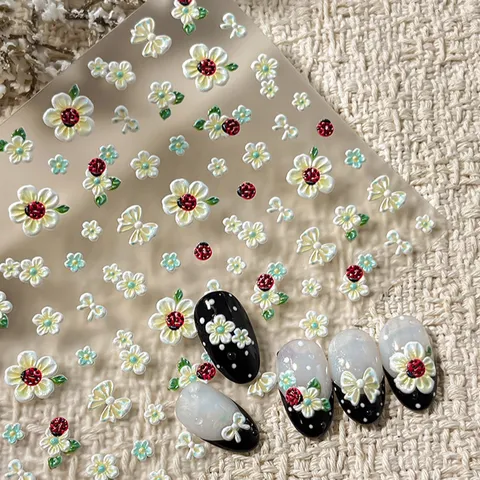 3D Stereoscopic Floral Ladybug Bow Nail Art Stickers Resin Embossed Summer Fresh Nail Decals DIY Manicure Accessories