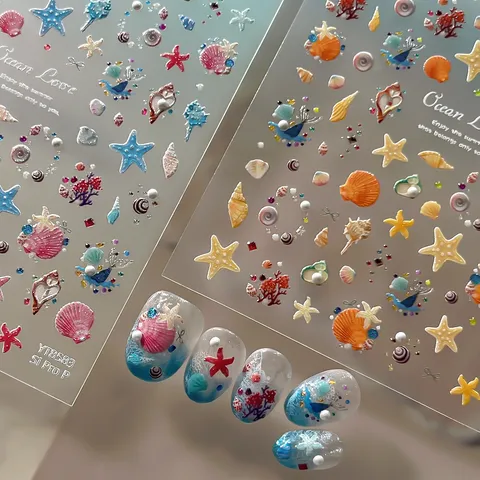 Summer Ocean Series Nail Art Stickers 3D Relief Starfish Shell Conch Crystal Silver Stamped Nail Decals Manicure Accessories