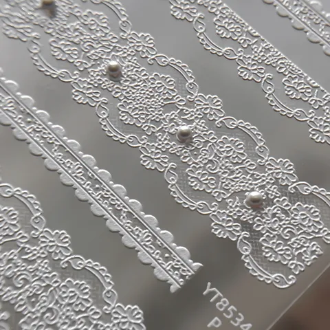 White Lace Nail Art Stickers French Gentle Style Ultra-Thin Embossed Shell Pearl Ribbon Nail Decals
