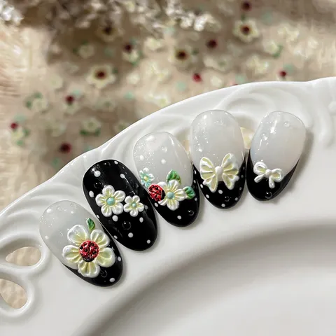 3D Stereoscopic Floral Ladybug Bow Nail Art Stickers Resin Embossed Summer Fresh Nail Decals DIY Manicure Accessories