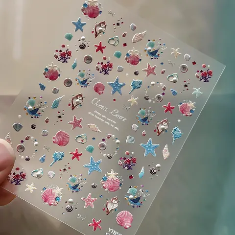 Summer Ocean Series Nail Art Stickers 3D Relief Starfish Shell Conch Crystal Silver Stamped Nail Decals Manicure Accessories