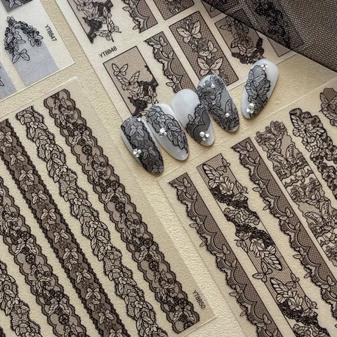 3D Embossed Lace Butterfly Nail Art Stickers French Hollow Mesh Floral Stripe Decals DIY Manicure Nail Decors