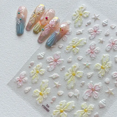 Clear Glass Pearl Flower Nail Art Stickers 3D Embossed Starfish Shell Decals Manicure Accessories Nail Decoration