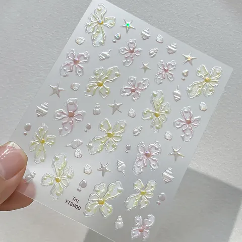 Clear Glass Pearl Flower Nail Art Stickers 3D Embossed Starfish Shell Decals Manicure Accessories Nail Decoration