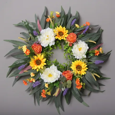Couronne de Fleurs Artificielles Tournesol Pivoine Rose Eucalyptus Guirlande Suspendue Pour Maison Mur Porte Décor Ornement Floral