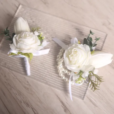 Fleur de Poignet en Soie Faite Main Rose Blanche Tulipe Corsage de Mariage Mariée Demoiselle d'Honneur Accessoire Floral