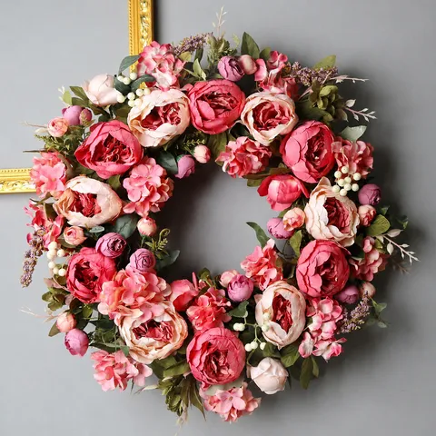 Silk Peony Artificial Flower Wreath Door Hanging Decorative Floral Garland For Home Wall Decor Wedding Party