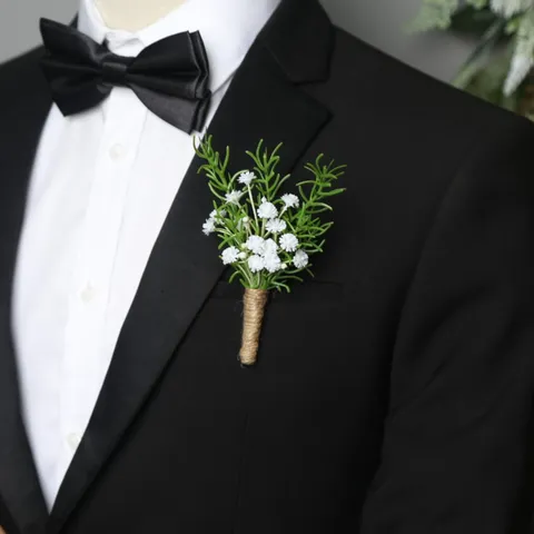 Boutonnière de Mariage Rustique Fleur Gypsophile en Soie Artificielle Corsage pour Marié Fête Extérieure Décoration d'Événement