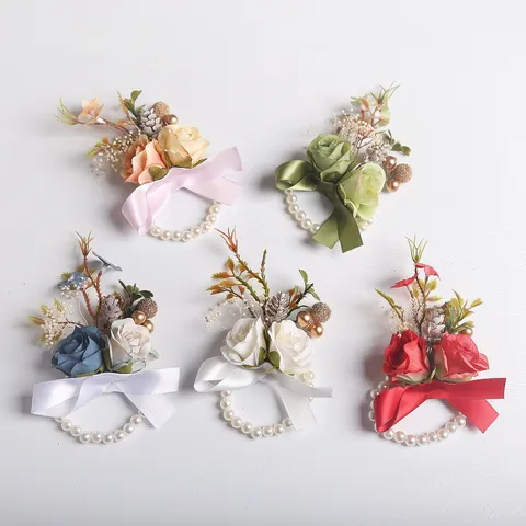 Kunstzijde Roos Bruiloft Corsage Polscorsage Dennenappel Bruidegom Feest Bloem Pak Accessoires
