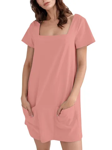 Minivestido Casual Color Sólido Mujer Cuello Cuadrado Manga Corta Con Bolsillos Vestido de Verano Diario Cómodo de Moda