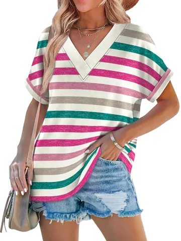 Camiseta Casual con Cuello en V y Rayas de Manga Corta para Mujer Corte Holgado Algodón de Seda de Hielo Verano Básico Diario Top
