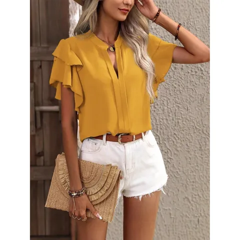 Blusa de Manga Corta de Verano con Cuello en V Color Sólido para Mujer Casual Elegante con Volantes Top de Poliéster