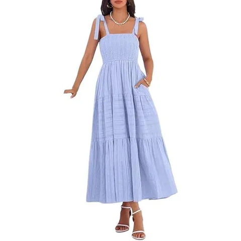 Vestido Largo Maxi Casual Smocked Con Volantes para Vacaciones de Playa de Verano para Mujer Color Sólido Sin Mangas