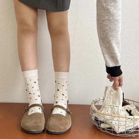 Women's Sweet Bowknot Polka Dot Floral Knit Crew Socks Cute JK Lolita Style Cotton Mid-Tube Socks Daily Casual Hosiery