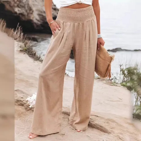 Pantalones Casuales de Mezcla de Algodón y Lino para Mujer Tiro Medio Nido de Abeja Pierna Ancha Pantalones Largos Primavera Verano Holgados