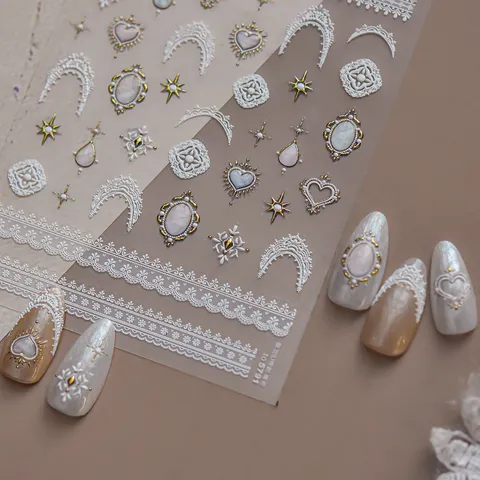 Retro Baroque Embossed Lace Nail Art Stickers French Heart Gemstone Manicure Decals Self Adhesive Nail Decoration