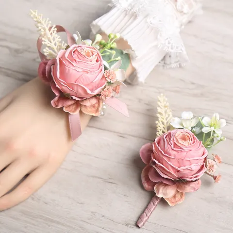 Europese Stijl Kunstmatige RoOS Bloem Bruiloft Boutonniere En Pols Corsage Zijden Bloem Bruid Bruidegom Feest Decor