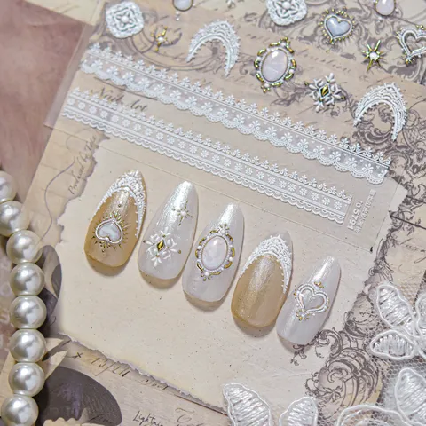 Retro Baroque Embossed Lace Nail Art Stickers French Heart Gemstone Manicure Decals Self Adhesive Nail Decoration