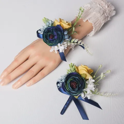 Artificial Rose Flower Boutonniere Wrist Corsage Set Wedding Party Groom Bride Suit Dress Lapel Pin Decoration