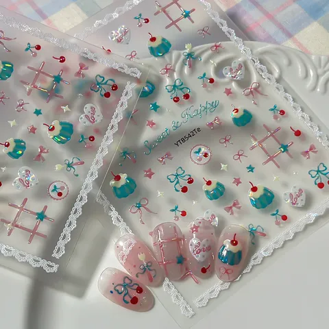 Cherry Dessert Nail Art Stickers Cute Pudding Lace Bow Nail Decals Embossed Summer Fresh Manicure Decorations for Women