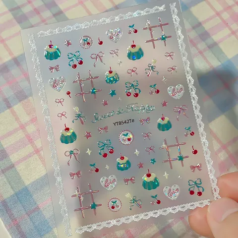 Cherry Dessert Nail Art Stickers Cute Pudding Lace Bow Nail Decals Embossed Summer Fresh Manicure Decorations for Women